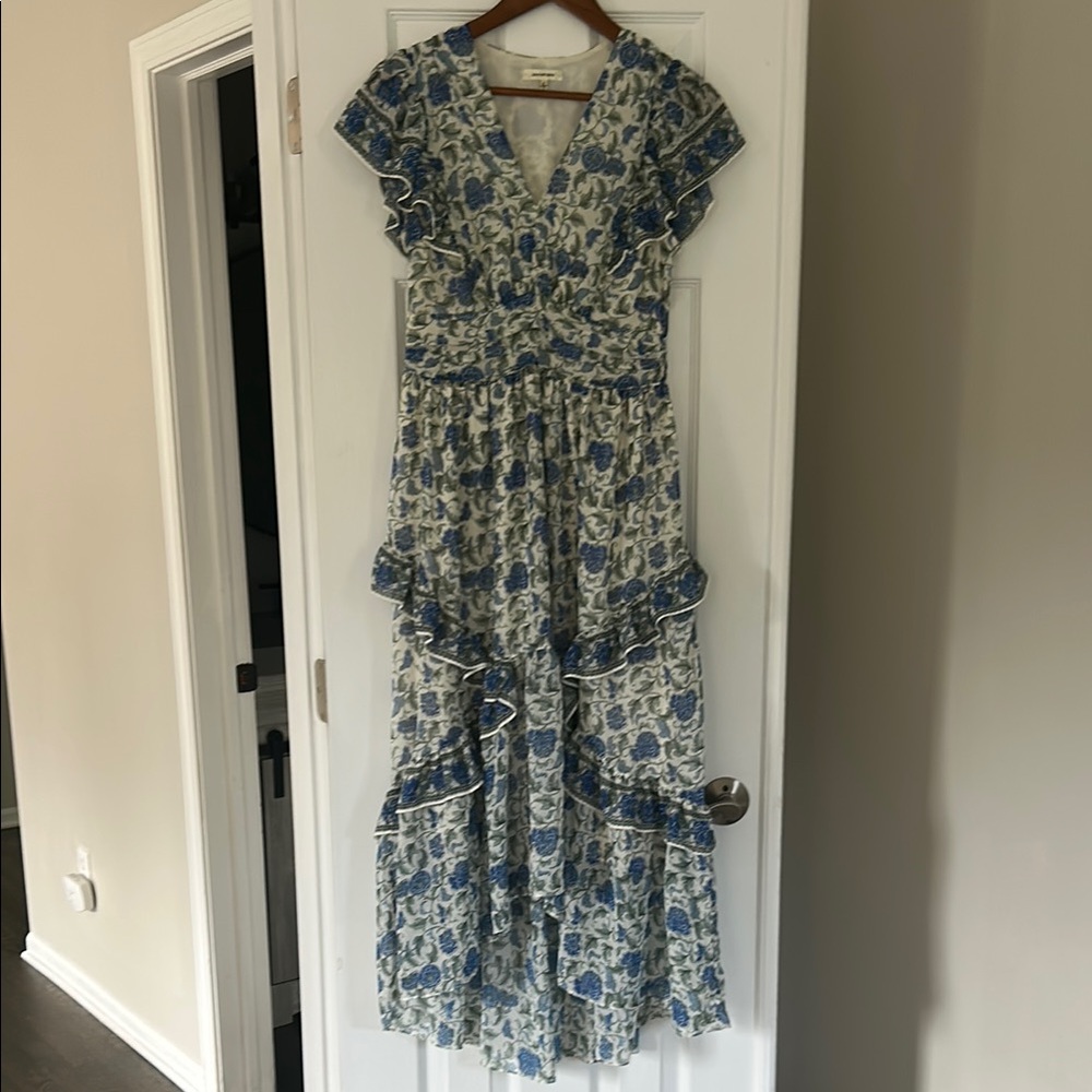Max Studio Blue and White Flutter Sleeve Maxi Dress